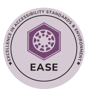 EASE Certification Mark logo featuring a hexagon with a central circle surrounding nine human torso icons, symbolizing inclusive design and accessibility excellence in built environments, with the word 'EASE' displayed below—representing high standards in accessible architecture and building certification.